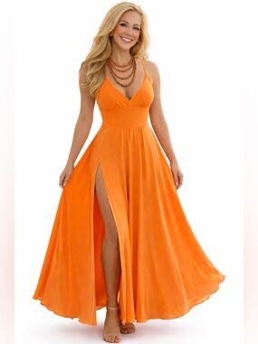 Sleeveless V-Neck Orange Maxi Dress with High Slit | SIZE SMALL
